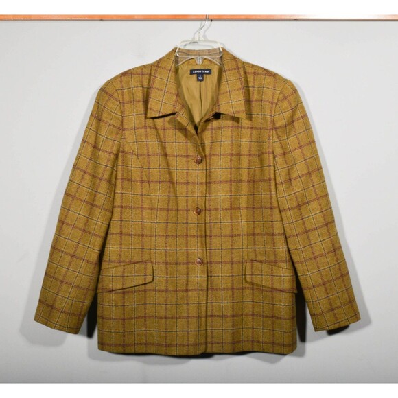 Lands' End Jackets & Blazers - Lands' End Wool Mustard Tweed Plaid Dark Academia Button Up Blazer Jacket Sz 16